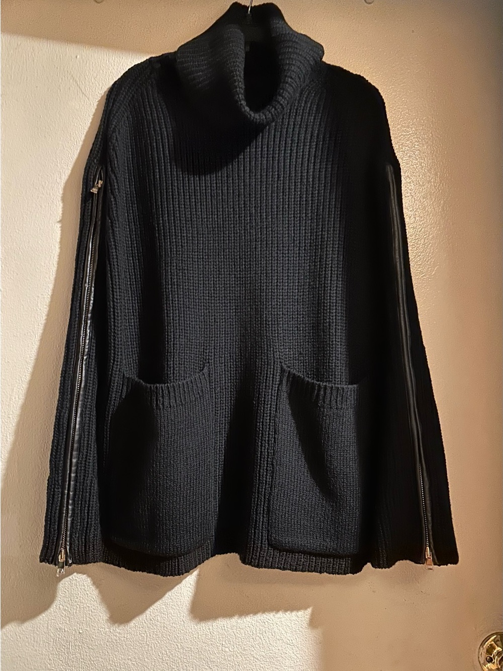 Rare Black Turtleneck thickSweater Cape Zippered with leather trim on the sides